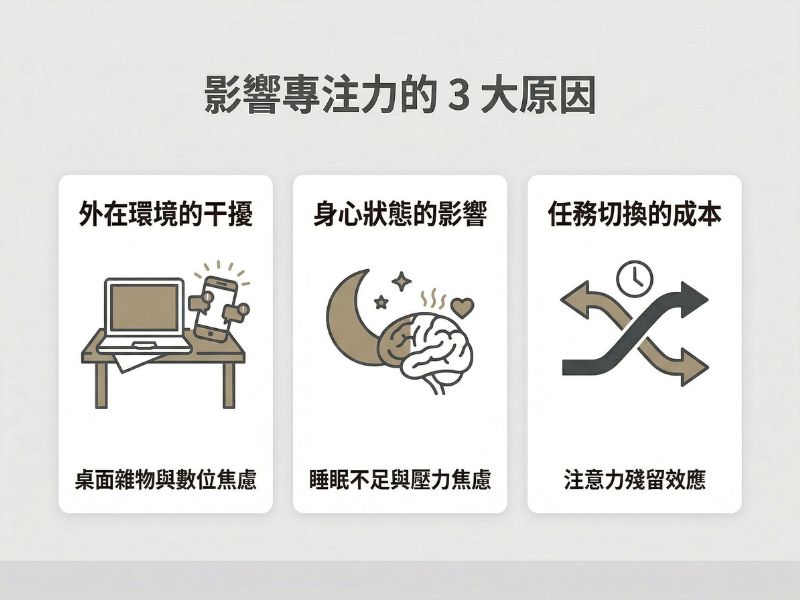 影響專注力的 3 大原因示意圖，包含外在環境干擾、身心狀態影響、以及任務切換成本影響專注力的三大原因示意圖，包含外在環境干擾、身心狀態影響、以及任務切換成本