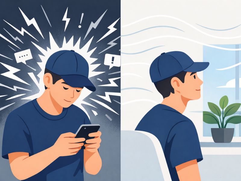 男子低頭滑手機，周圍充滿閃電與訊息符號象徵干擾，右側畫面則是他放下手機，安靜坐著看向窗外，呈現提升專注力後的平靜狀態