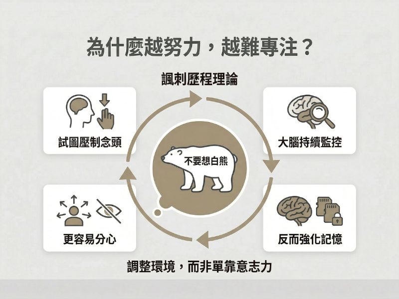 為什麼越努力越難專心的原因圖，說明諷刺歷程理論：試圖壓抑念頭會讓大腦持續監控，反而強化記憶並導致更容易分心