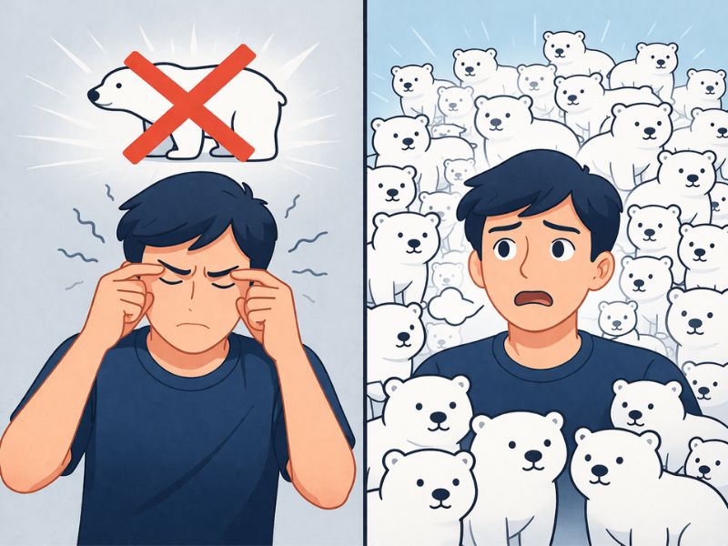 男孩試圖不去想白熊，左側有被打叉的白熊圖示，右側則出現大量白熊圍繞，呈現越壓抑念頭反而越頻繁出現的心理現象