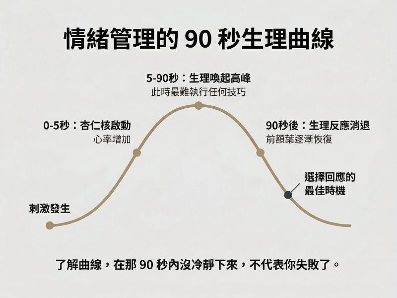 情緒管理的 90 秒生理曲線圖，顯示刺激發生後 0 到 5 秒杏仁核啟動、心率上升，5 到 90 秒進入情緒高峰，90 秒後生理反應逐漸消退並恢復理性，標示最佳回應時機點，說明情緒管理中等待與覺察的重要性