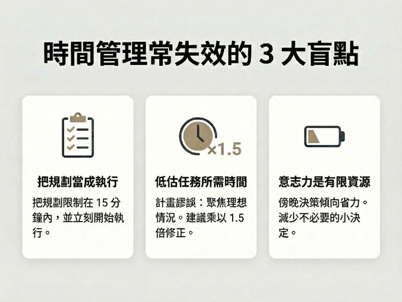 時間管理常失效的 3 大盲點圖解：將規劃誤當執行、低估任務所需時間（建議乘以 1.5 倍修正）、以及忽略意志力是有限資源，需減少不必要決策