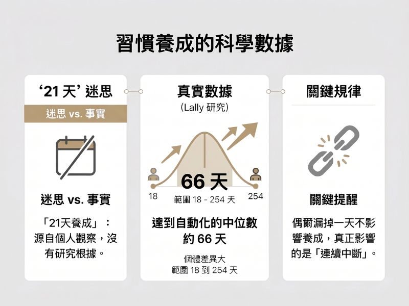 習慣養成所需時間的科學數據圖解:流傳很廣的「21 天」缺乏研究根據,行為達到自動化的中位數約 66 天、範圍從 18 天到 254 天,偶爾漏掉一天不影響養成,真正的關鍵是避免連續中斷