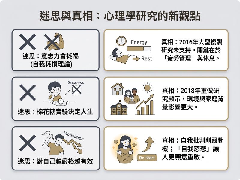 自律的 3 大迷思與真相對照圖解:意志力會耗竭已被 2016 年大型複製研究推翻、棉花糖實驗無法決定人生成就、對自己越嚴格越有效反而削弱動機,自我慈悲才更能幫助重新開始