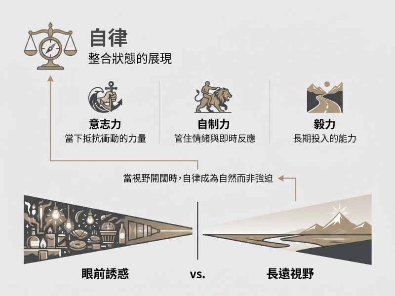 自律與意志力、自制力、毅力的差異圖解,說明自律是這 3 者整合後的整體狀態,並指出當視野從眼前誘惑放到長遠目標,自律的衝突會自然減少