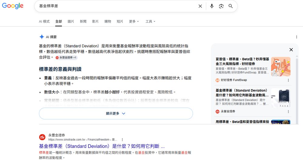 基金標準差 Google 搜尋結果截圖